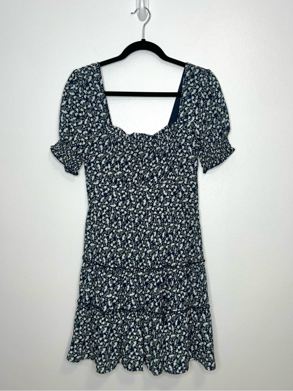 Trixxi Navy Floral Chiffon Puff Sleeve Tiered Mini Dress Cottagecore Size Medium